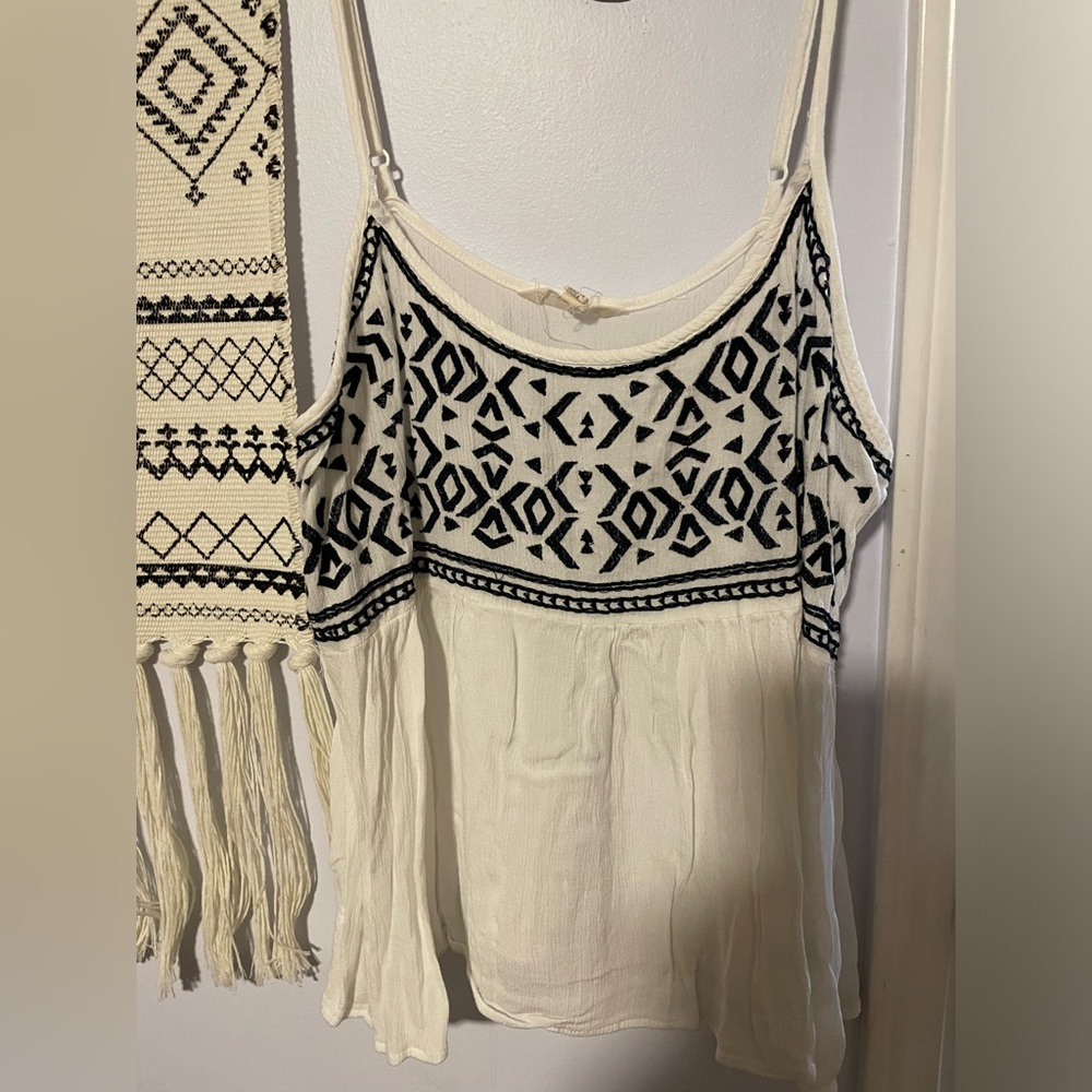 Embroidered spaghetti strap flowy blouse
